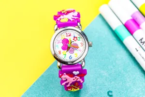 Kids 3D unicorn quartz watch with colorful dial and purple silicone strap for girls gift.