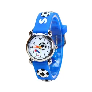 Kids 3D silicone cartoon soccer watch with blue strap and white dial for children.