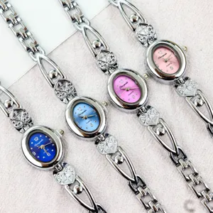 Women quartz watch elegant oval dial rhinestone heart bracelet fashion timepiece details view