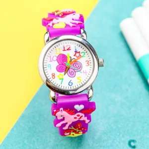 Cute 3D cartoon unicorn children watch with colorful dial numbers and pink strap for girls.