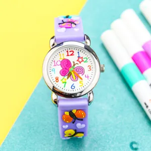 Kids 3D cute butterfly cartoon quartz watch with purple silicone strap for girls gift.