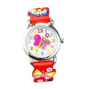 Kids 3D butterfly quartz watch with colorful numbers and red strap for cute little girls gift