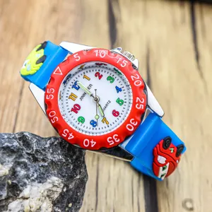 Kids 3D cartoon car quartz watch with red bezel and comfortable silicone strap for boys.