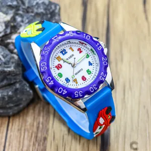 Children quartz watch with 3d cartoon car strap colorful dial and luminous pointer for kids.
