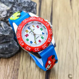 Kids 3D cartoon car quartz watch with blue silicone strap and colorful dial numbers.