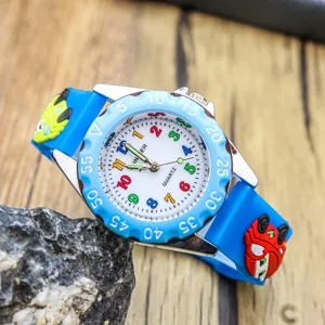 Kids quartz watch with cute racing car strap, colorful numbers dial and clear pointer display.