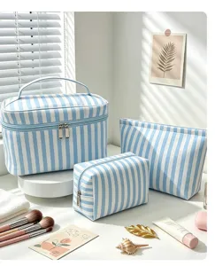 Blue and white striped cosmetic bag set, large capacity portable travel toiletry organizer.