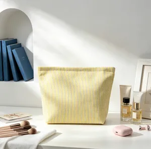 Yellow white striped cosmetic bag large capacity travel toiletry storage pouch for women