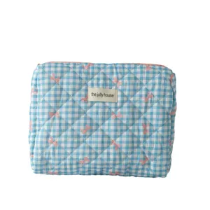 Quilted blue white gingham cosmetic bag cute pink bow makeup pouch portable travel storage case