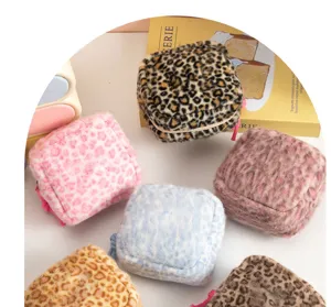 Plush leopard print cosmetic storage bag portable period sanitary napkin pouch detail view