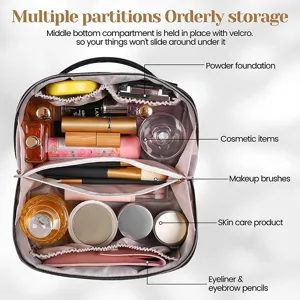 Gran bolsa de cosméticos de cuero PU con múltiples compartimentos para viajes y maquillaje diario.