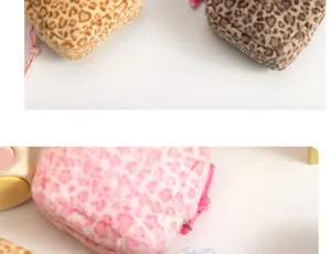 Cute plush leopard print cosmetic bag and portable mini sanitary napkin storage pouch for women.