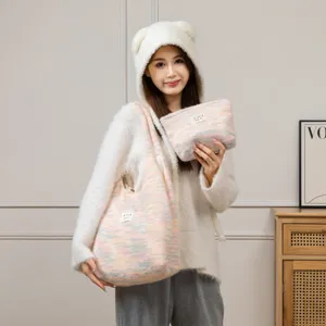Fuzzy knit tote bag for women, cute winter shoulder bag, soft large capacity handbag.