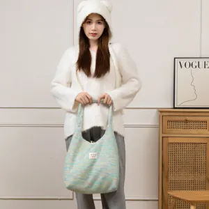 Fluffy shoulder tote bag for women, cute winter fuzzy hobo handbag, soft knit student book bag.