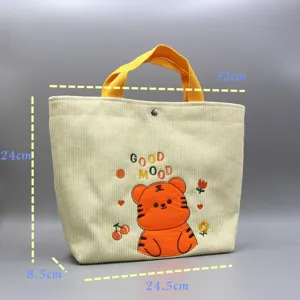 Sac Cabas en Velours Côtelé Broderie Tigre Mignon Sac a Main Casual pour Déjeuner
