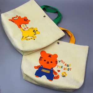 Joli sac cabas en velours côtelé avec broderie tigre mignon, sac à lunch idéal pour un usage quotidien.