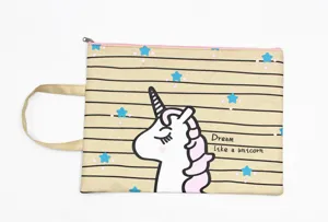 Cartoon canvas file bag with cute unicorn print, durable portable A4 document storage bag.