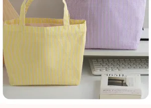 Yellow and white striped canvas tote bag, casual daily shoulder handbag for women in summer.