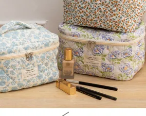 Cute quilted cosmetic bag portable floral makeup organizer travel storage pouch for women