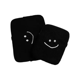 Black plush laptop sleeve 13.3 inch and 11 inch ipad protective case with cute embroidered smiley