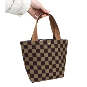 Corduroy checkered tote bag for women, retro brown square pattern handbag with top handle.