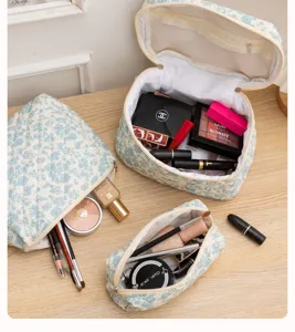 Floral quilted cosmetic bag set, portable travel makeup organizer for women and girls daily use.