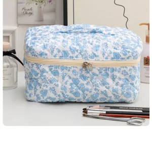 Detailed view of the quilted blue floral cosmetic bag, showing fabric texture and zipper.