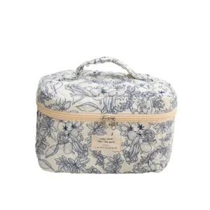 Floral quilted cotton makeup bag portable cute cosmetic storage pouch for travel daily use