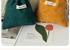 Corduroy drawstring storage pouch portable small makeup bag cosmetic case for travel daily use