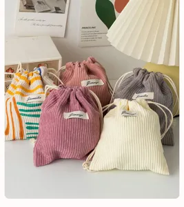 Corduroy drawstring storage bag cute portable pouch makeup cosmetic bag multi-color options detail view
