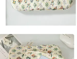 Detail view of quilted floral laptop sleeve, soft fabric protection case with smooth zipper closure.