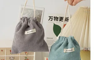 Solid corduroy drawstring storage bag portable makeup pouch cute coin purse for women