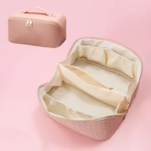 Große PU Leder geflochtene Kosmetiktasche multifunktionale Make-up Organizer für Damen