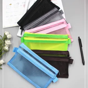 Simple transparent double-layer mesh pencil case, portable stationery and cosmetic storage bag.