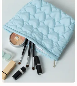 Quilted heart makeup bag large capacity cosmetic pouch cute blue travel organizer