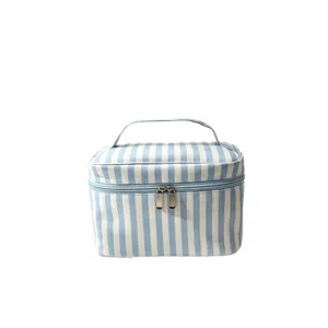 Blue and white striped seersucker cosmetic bag, portable travel toiletry organizer pouch.