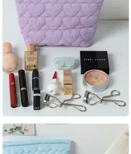 Quilted heart cosmetic bag large capacity purple makeup pouch cute zipper travel organizer