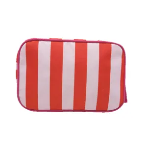 Red and white striped cosmetic bag, large capacity travel toiletry pouch for women.