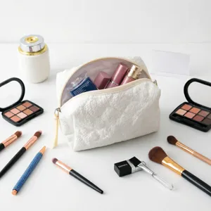 White textured makeup bag for travel, large capacity cosmetic storage pouch detail