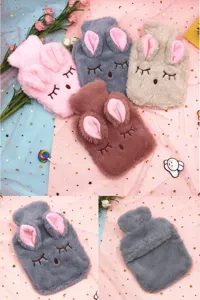 Cute rabbit plush hot water bag with soft cover, removable washable winter hand warmer design.