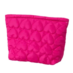 Pink quilted heart cosmetic bag, large capacity zipper makeup pouch for women and girls daily use.