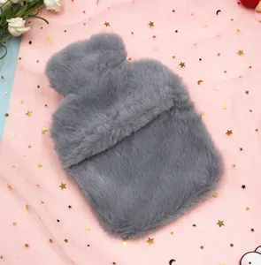 Grey plush hot water bottle cover cute cartoon animal hand warmer soft winter cozy cover