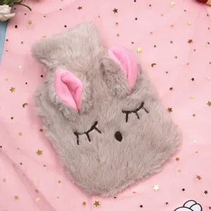 Cute plush rabbit hot water bag with soft fuzzy cover and lovely sleeping face design.