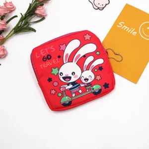Portable cartoon sanitary napkin pouch, cute rabbit print square storage bag for daily use.