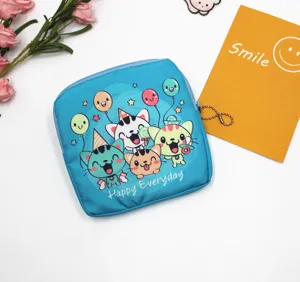 Cute cartoon cat print square storage pouch portable sanitary napkin bag cute coin purse for girls.