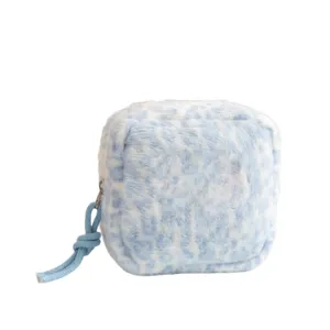 Blue and white plush leopard cosmetic bag portable fuzzy makeup pouch for women and girls