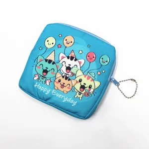 Portable cartoon sanitary napkin storage pouch with cute cat print and zipper closure details.