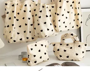 Canvas heart print tote shoulder bag large capacity casual handbag cosmetic pouch set