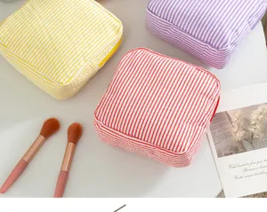 Korean style striped seersucker cosmetic bag portable travel makeup pouch sanitary storage.