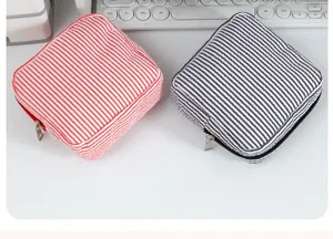 Portable seersucker cosmetic bag striped storage pouch small makeup organizer travel purse.